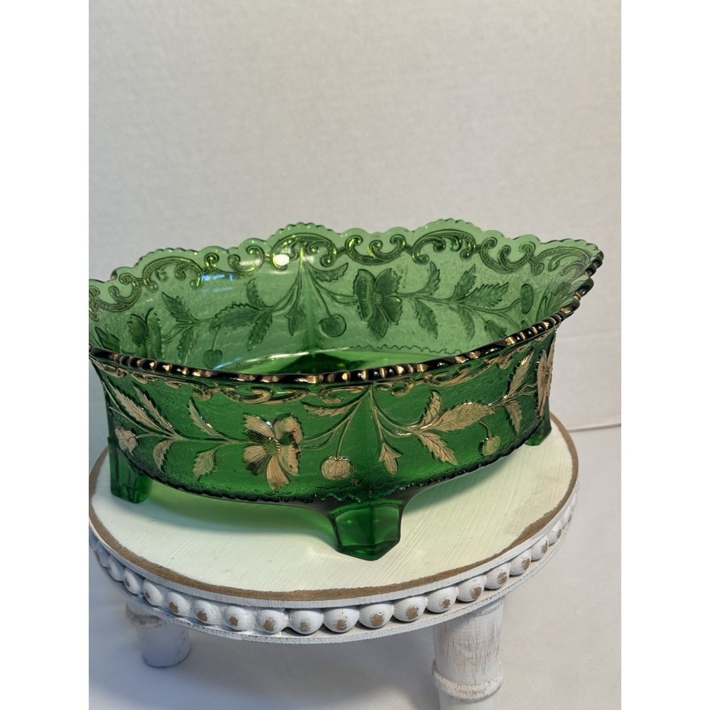 Antique U.S. Glass 1915 EAPG Dogwood Green Glass Oval Bowl Gold Accents